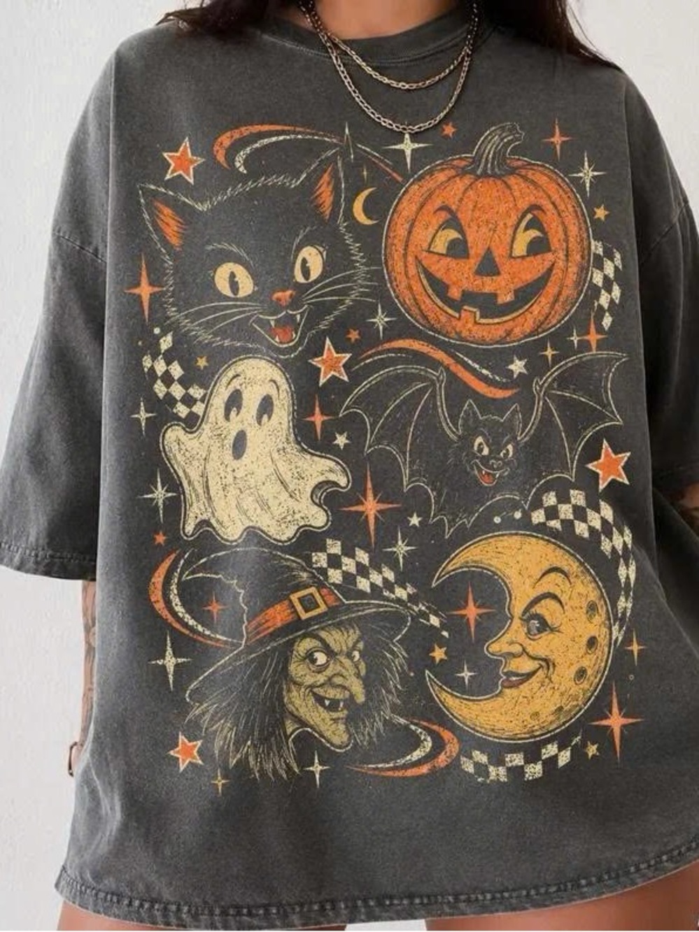 Black Short Sleeve Halloween Graphic Tee with Orange & Cream Art